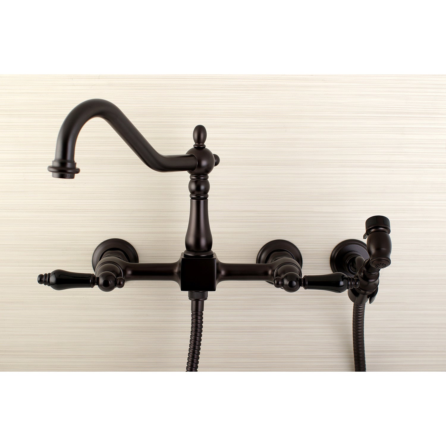 Kingston Heirloom KS1245PKLBS - Duchess Two-Handle 3-Hole Wall Mount Bridge Kitchen Faucet with Brass Sprayer, Oil Rubbed Bronze — thumbnail 2